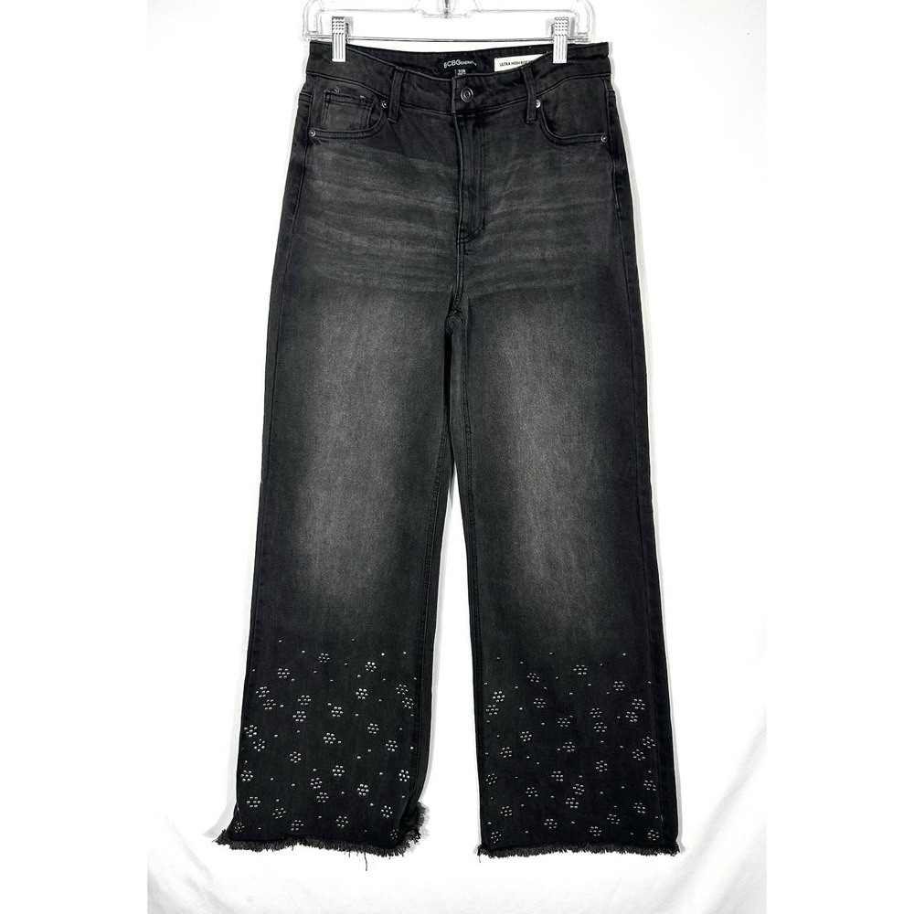 BCBGeneration Jeans Womens 7/28 Ultra High Rise Wide Leg Baggy Studded Black Y2K